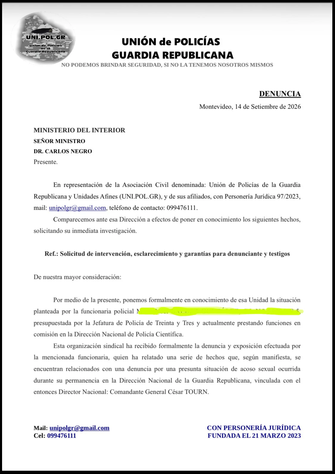 Sindicato de la Guardia Republicana eleva denuncia al Ministerio por presunto acoso y omisión de jerarquías